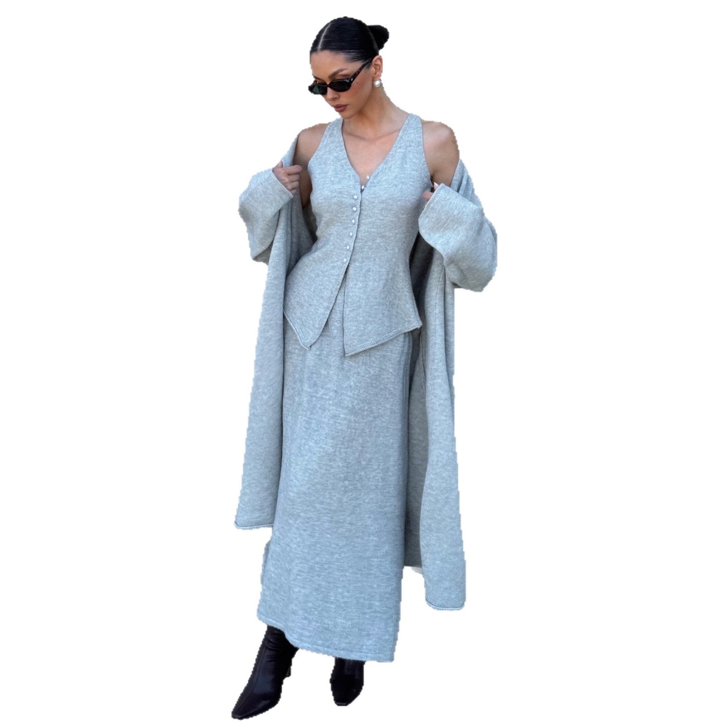 Dames Ensemble tricot élégant avec cardigan long et top sans manches Chic und Stil