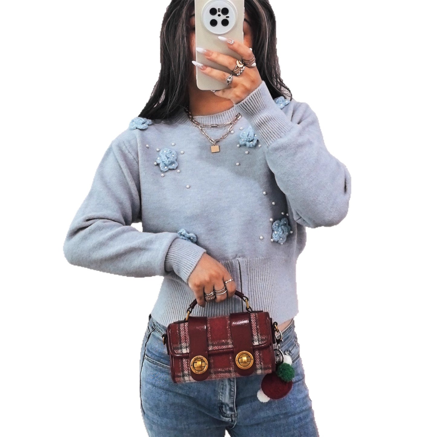 Pull en tricot pour femmes avec des appliqués floraux et des perles brillantes Chic und Stil
