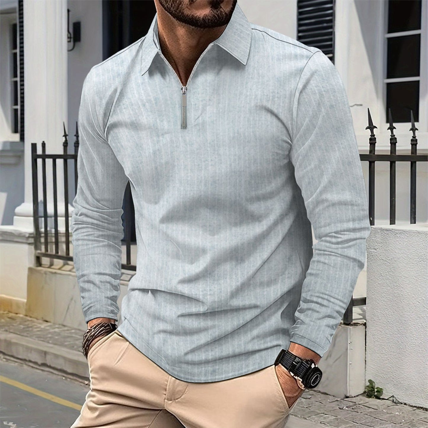 Chemise à manches longues élégante pour hommes avec fermeture éclair et fines rayures Chic und Stil