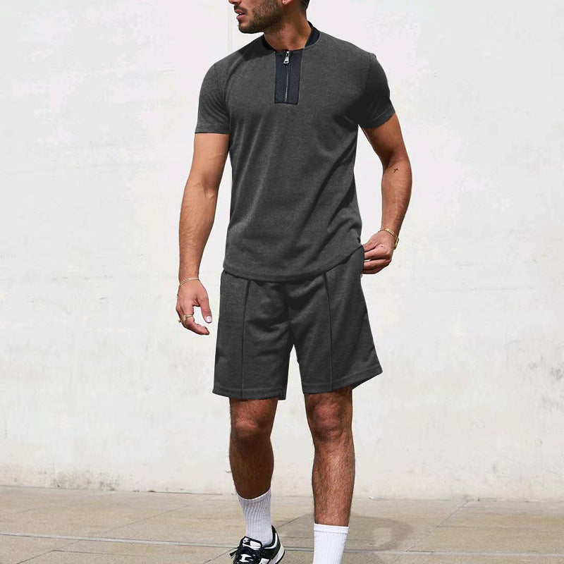 T-shirt de sport pour hommes à manches courtes avec zip et shorts de jogging Chic und Stil