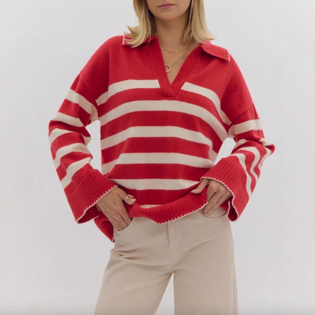 Pulls en tricot douillets pour femmes avec un motif rayé moderne et un décolleté en V Chic und Stil