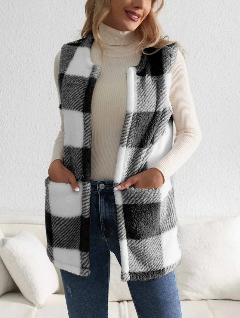 Dames gilet doux avec poches latérales et motif écossais moderne Chic und Stil