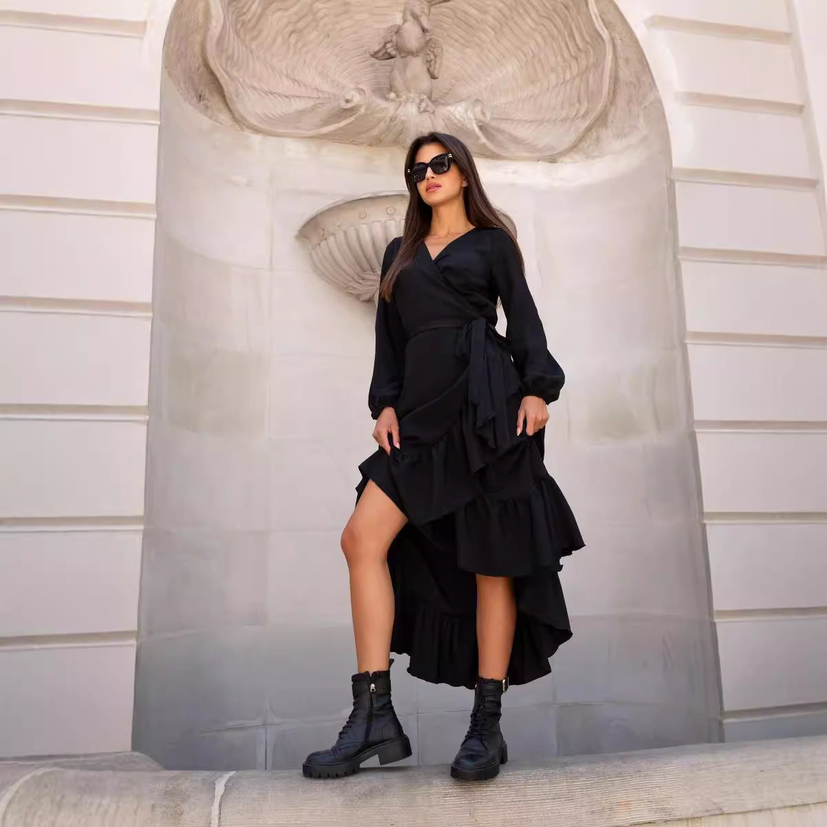 Women's Chic and Elegant Ruffle Wrap Dress with Asymmetrical Hem