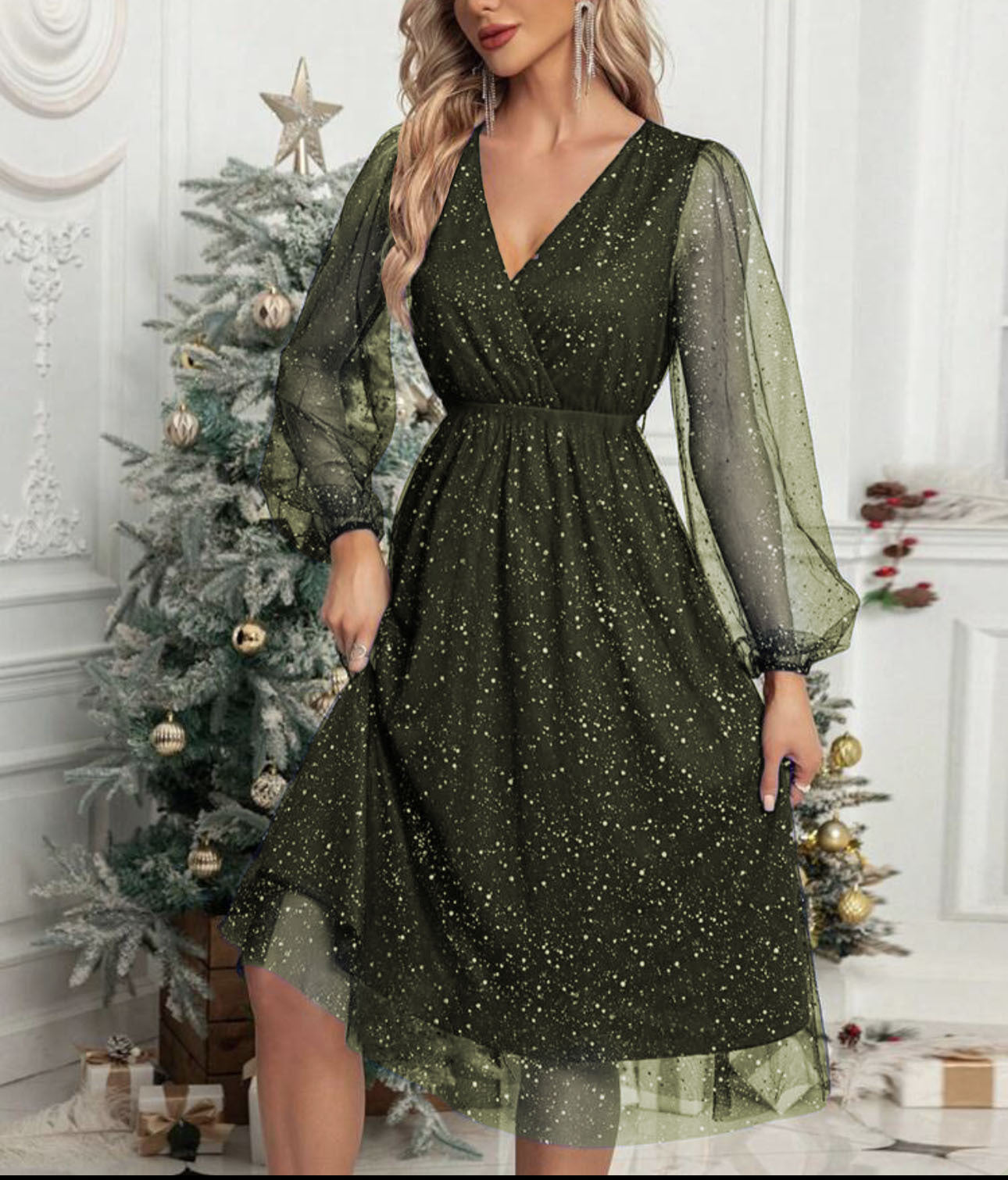 Robe midi glamour pour femmes avec des manches bouffantes transparentes et un motif de sequins scintillants Chic und Stil