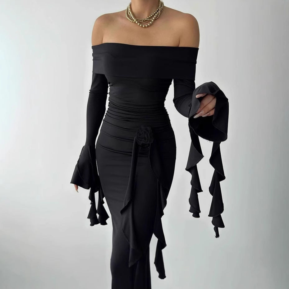 Mode Femme Élégante Robe Max longue Off-Shoulder avec Détails en Volants et Silhouette Ajustée Chic und Stil