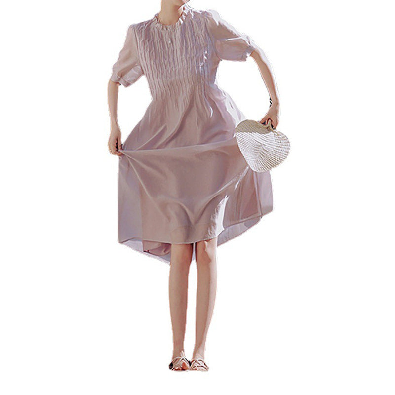 Robe midi plissée pour femmes avec manches courtes bouffantes Chic und Stil