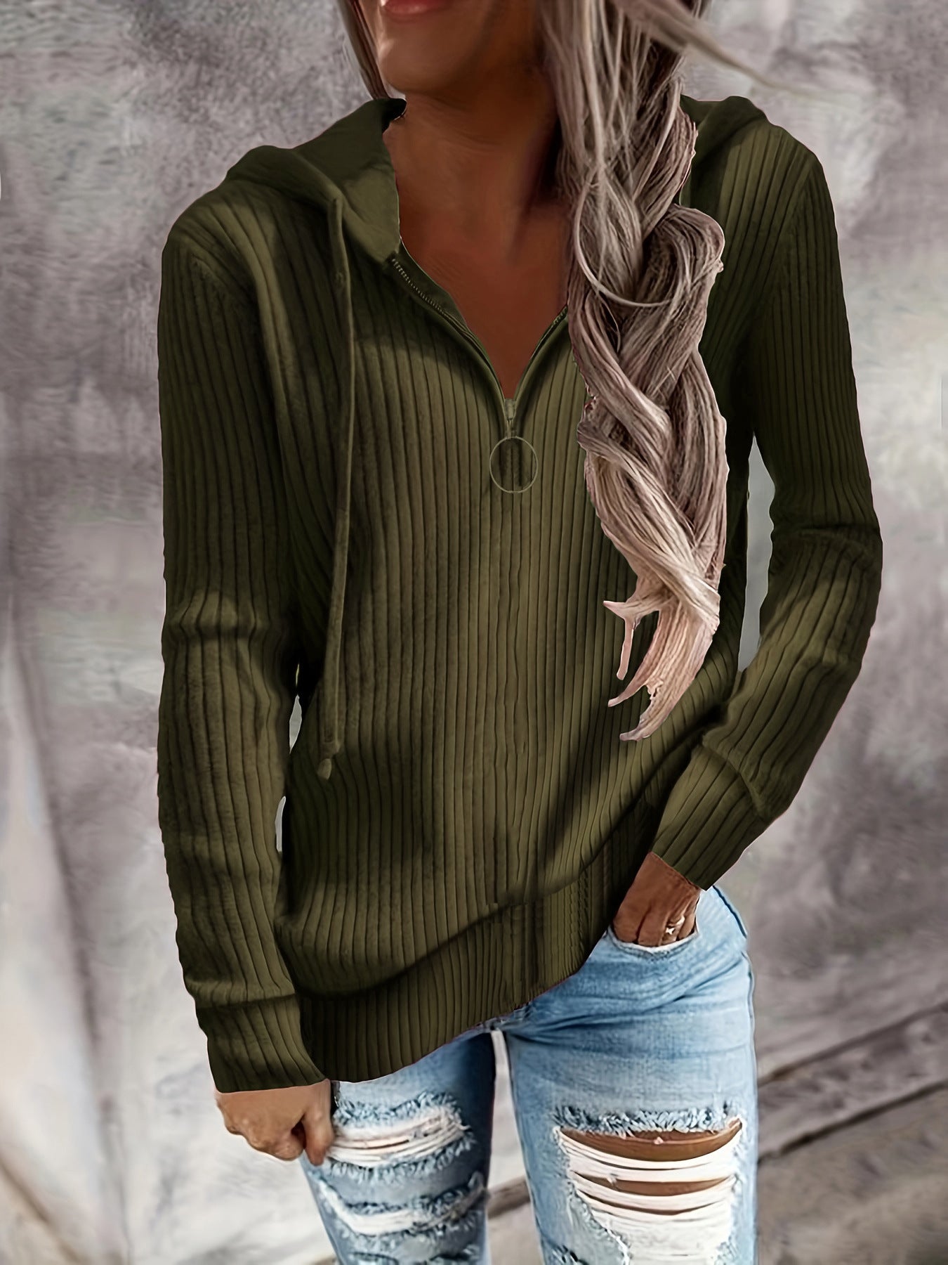 Dame Zip-Hoodie avec design en rib structuré et zip intégral Chic und Stil