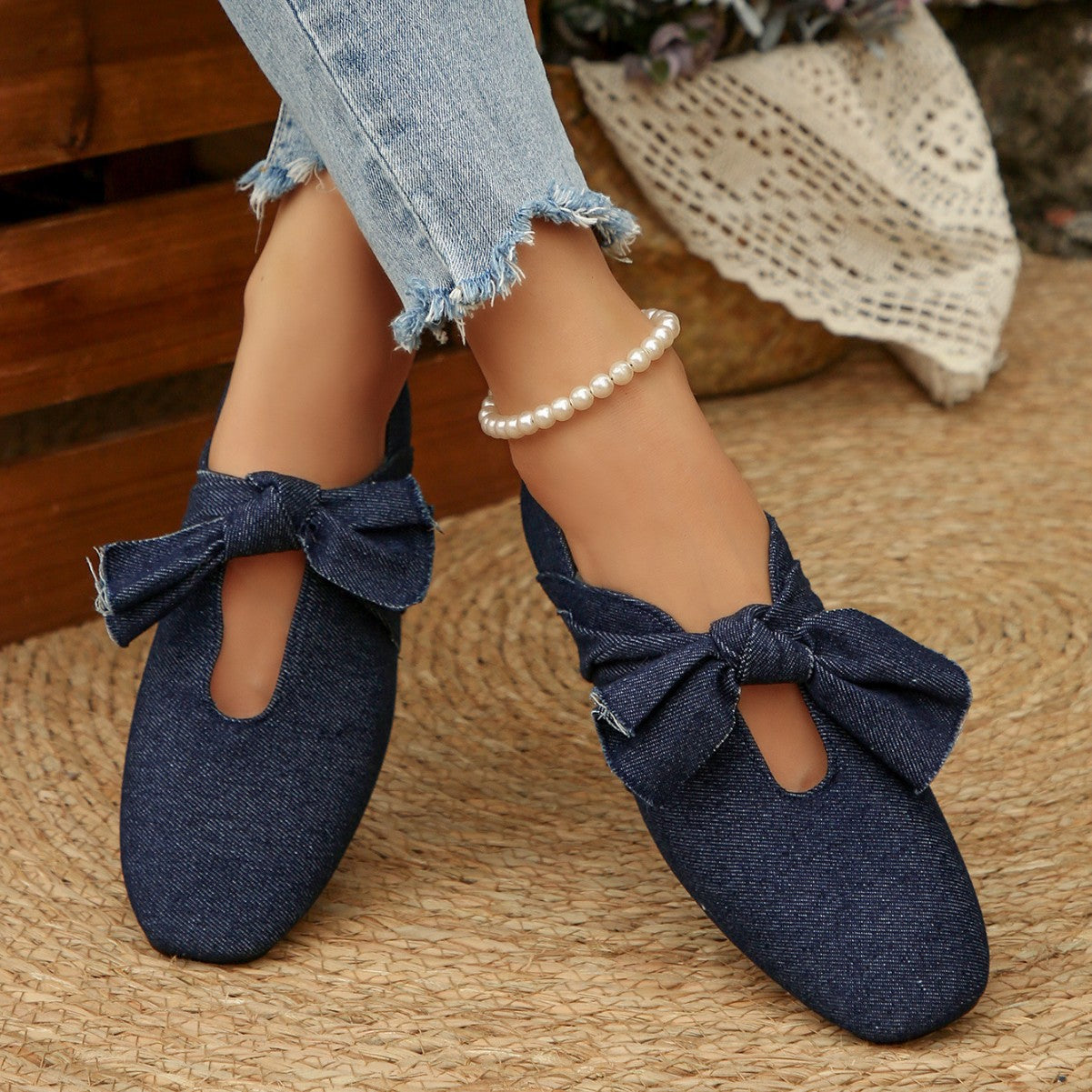 Dames Ballerines en Denim avec Détail de Nœud Chic und Stil