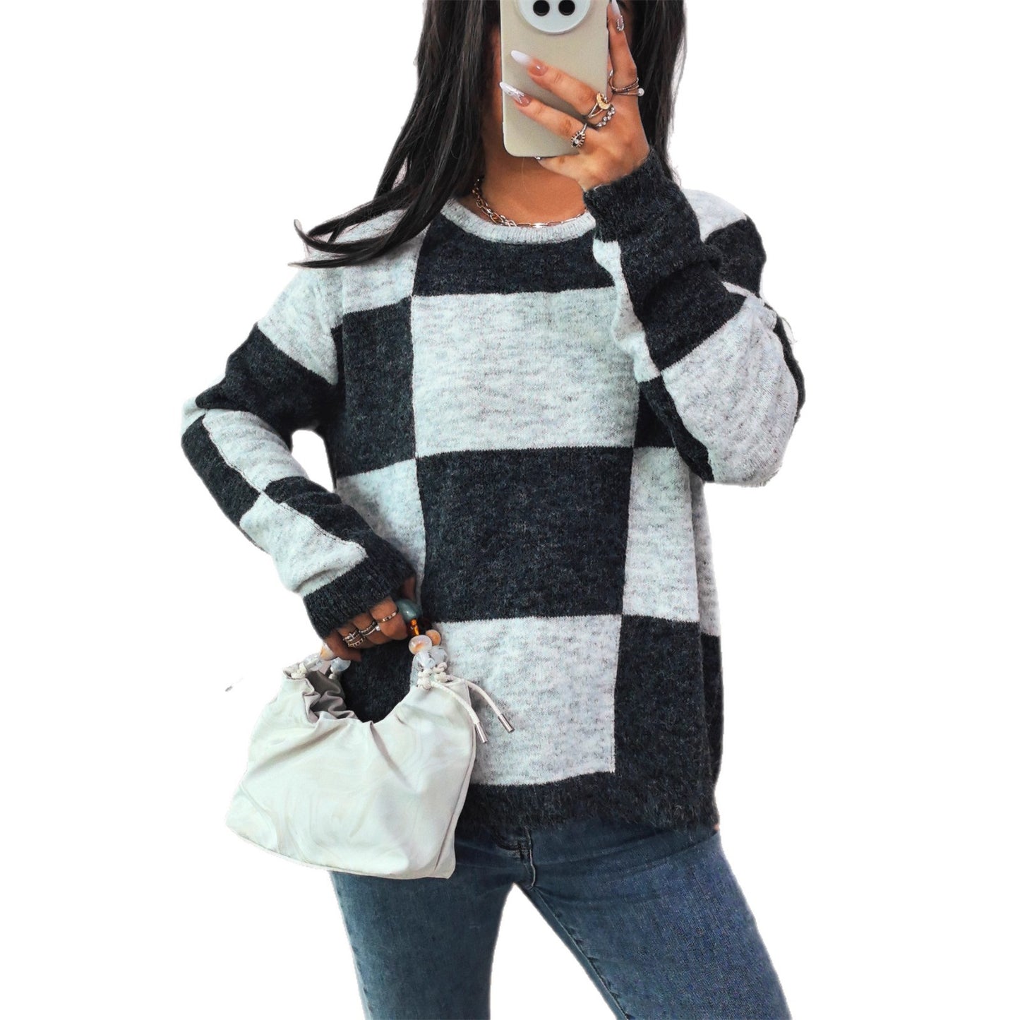 Pull en mailles larges pour femmes avec un motif à carreaux moderne et une coupe décontractée Chic und Stil
