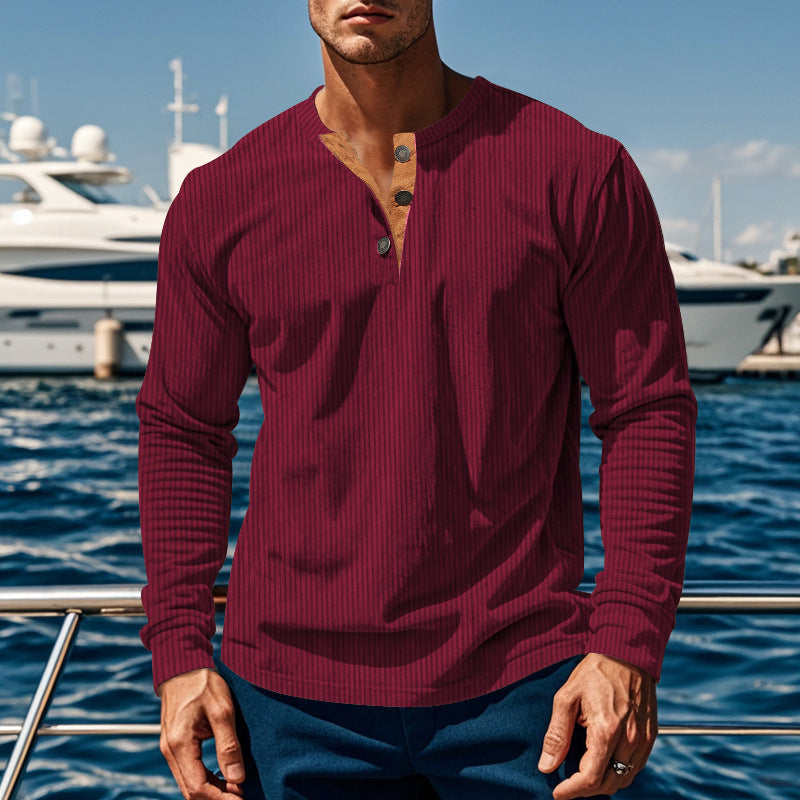 Homme T-shirt Henley à manches longues en tissu côtelé léger avec patte de boutonnage Chic und Stil