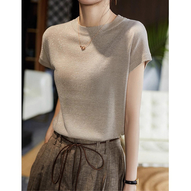 T-shirt en maille pailletée à manches courtes pour femme Chic und Stil