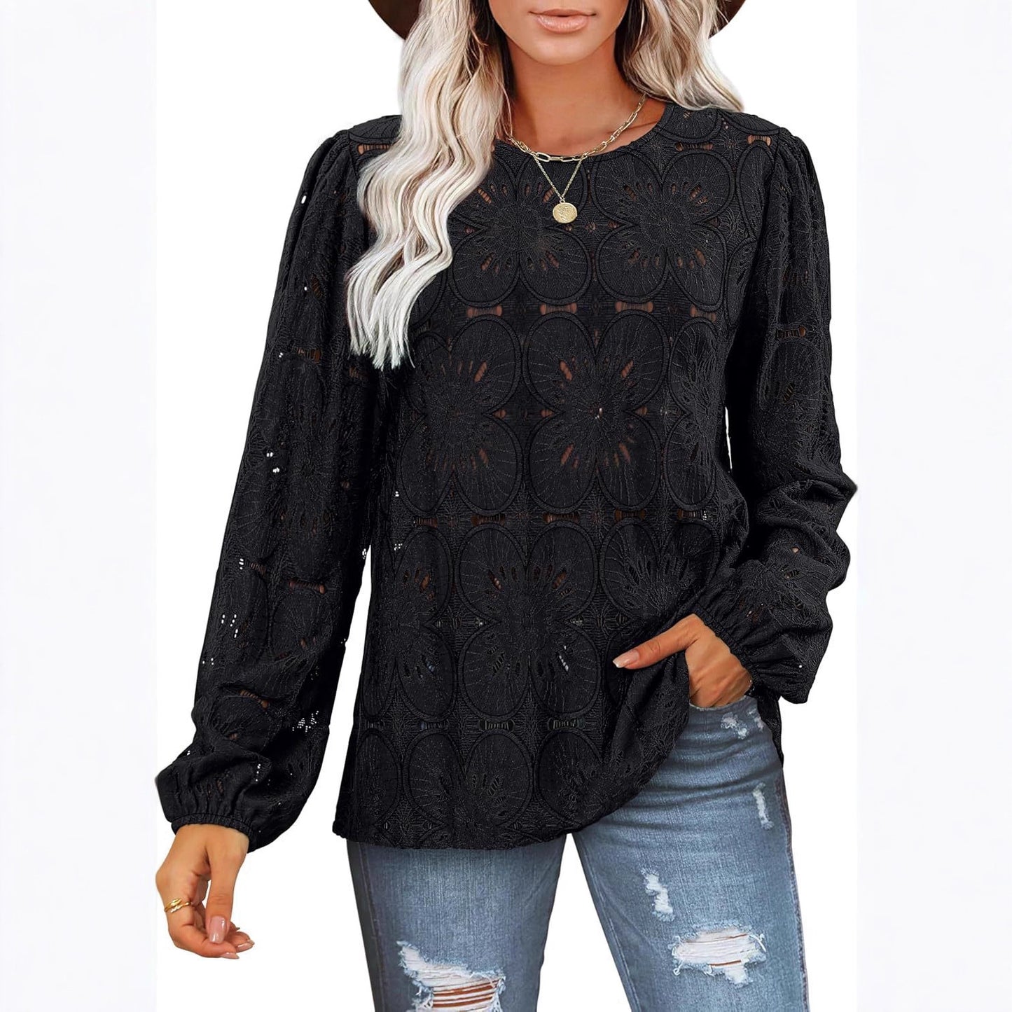 Blouse en dentelle pour femmes avec des détails floraux et des manches bouffantes élégantes Chic und Stil