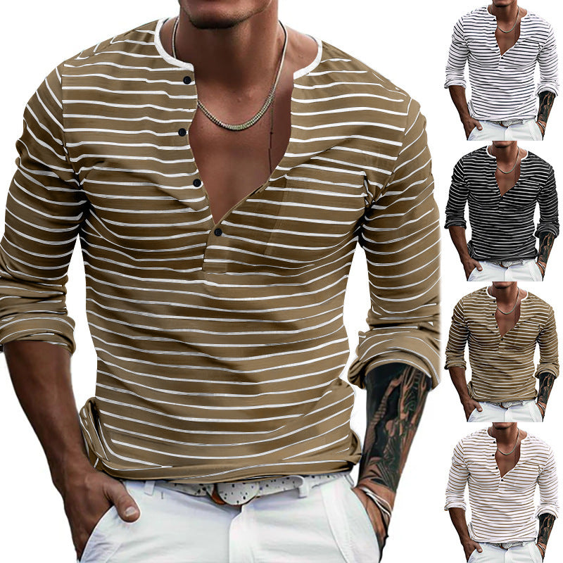 Chemise à manches longues à rayures pour hommes avec patte de boutonnage et décolleté en V Chic und Stil