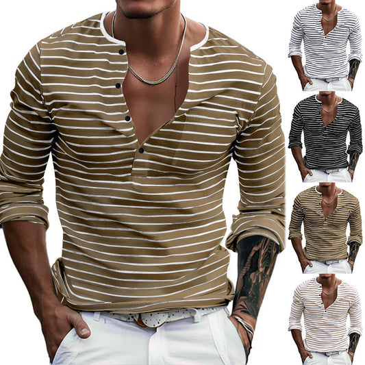 Chemise à manches longues à rayures pour hommes avec patte de boutonnage et décolleté en V Chic und Stil
