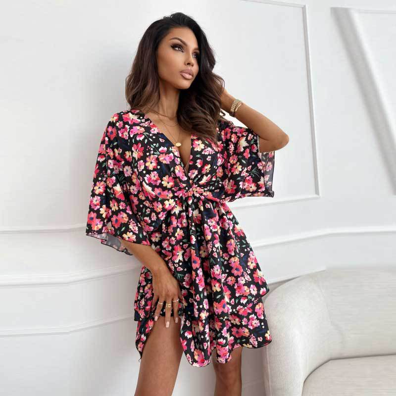 Dames Col Rêve Floral Mini Robe Chic und Stil