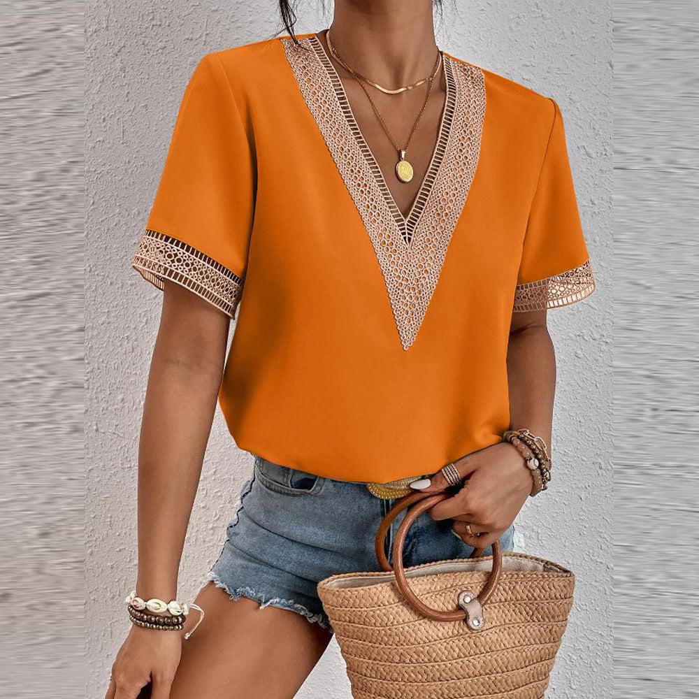 Blouse Chic und Stil élégante à col en V avec dentelle pour femmes