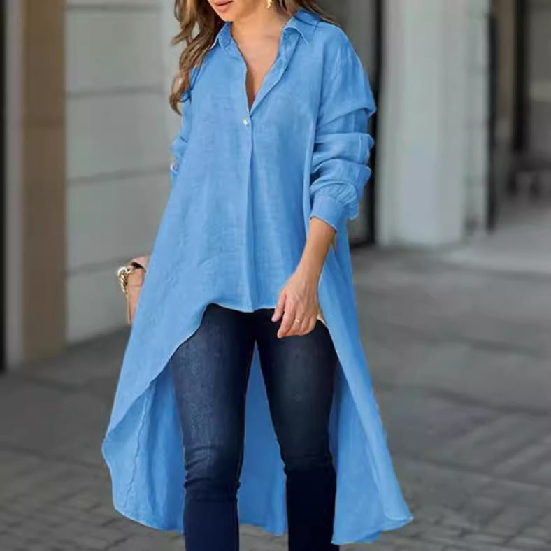 Blouses décontractées pour femmes - T-shirt long en mélange de lin de haute qualité Chic und Stil