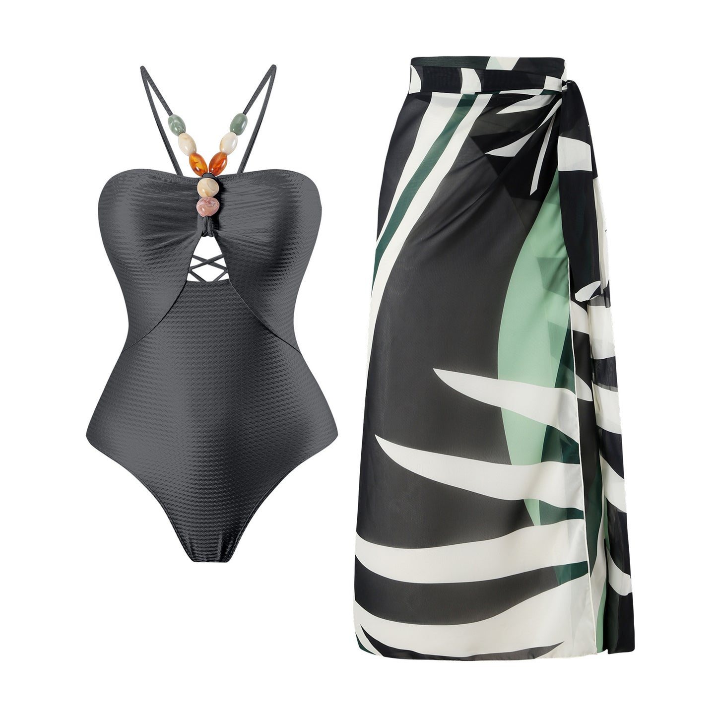 Maillot de bain une pièce pour femmes avec des accents en perles décoratives et une élégante jupe maxi Chic und Stil