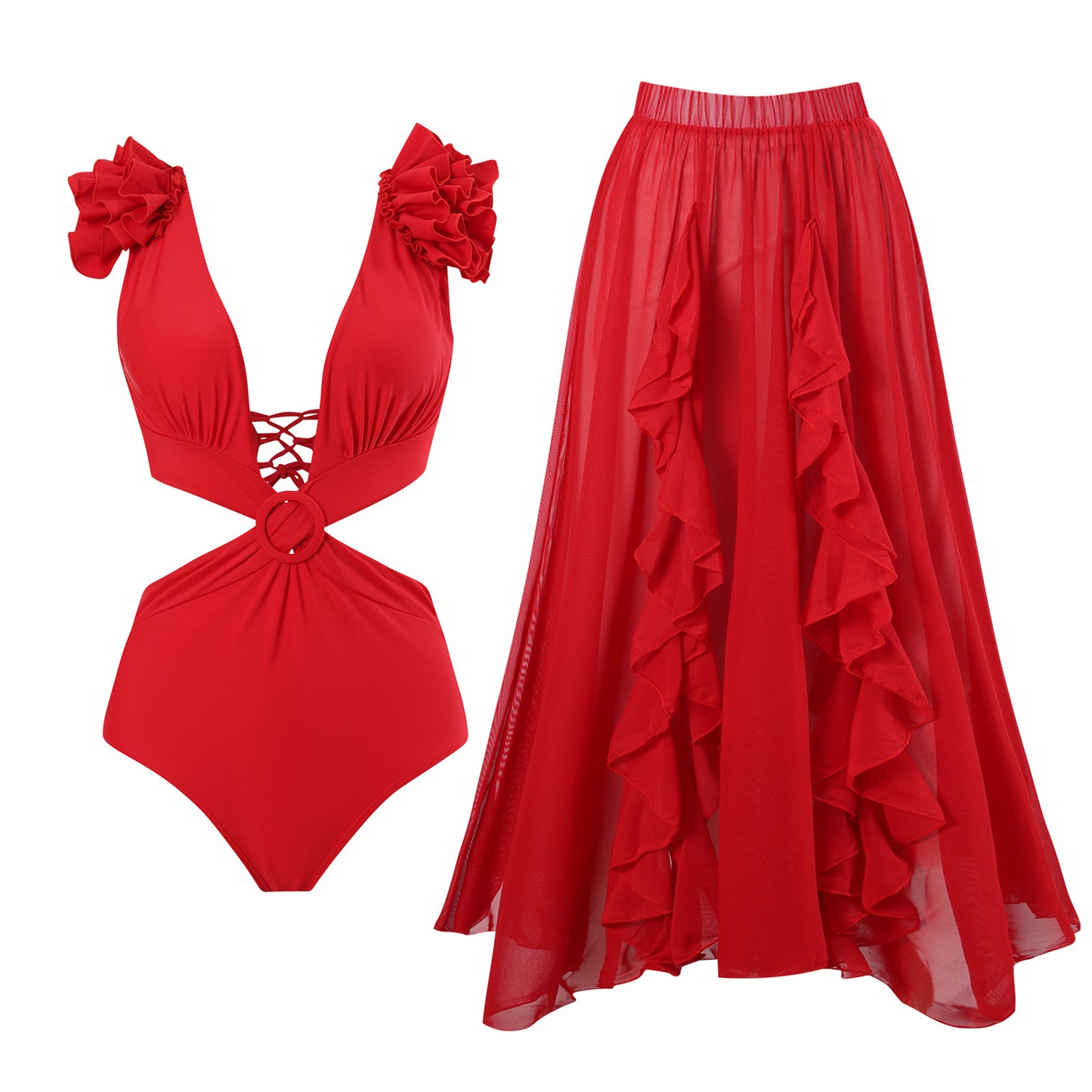 Maillot de bain femme avec détails en volants et jupe imprimée Chic und Stil