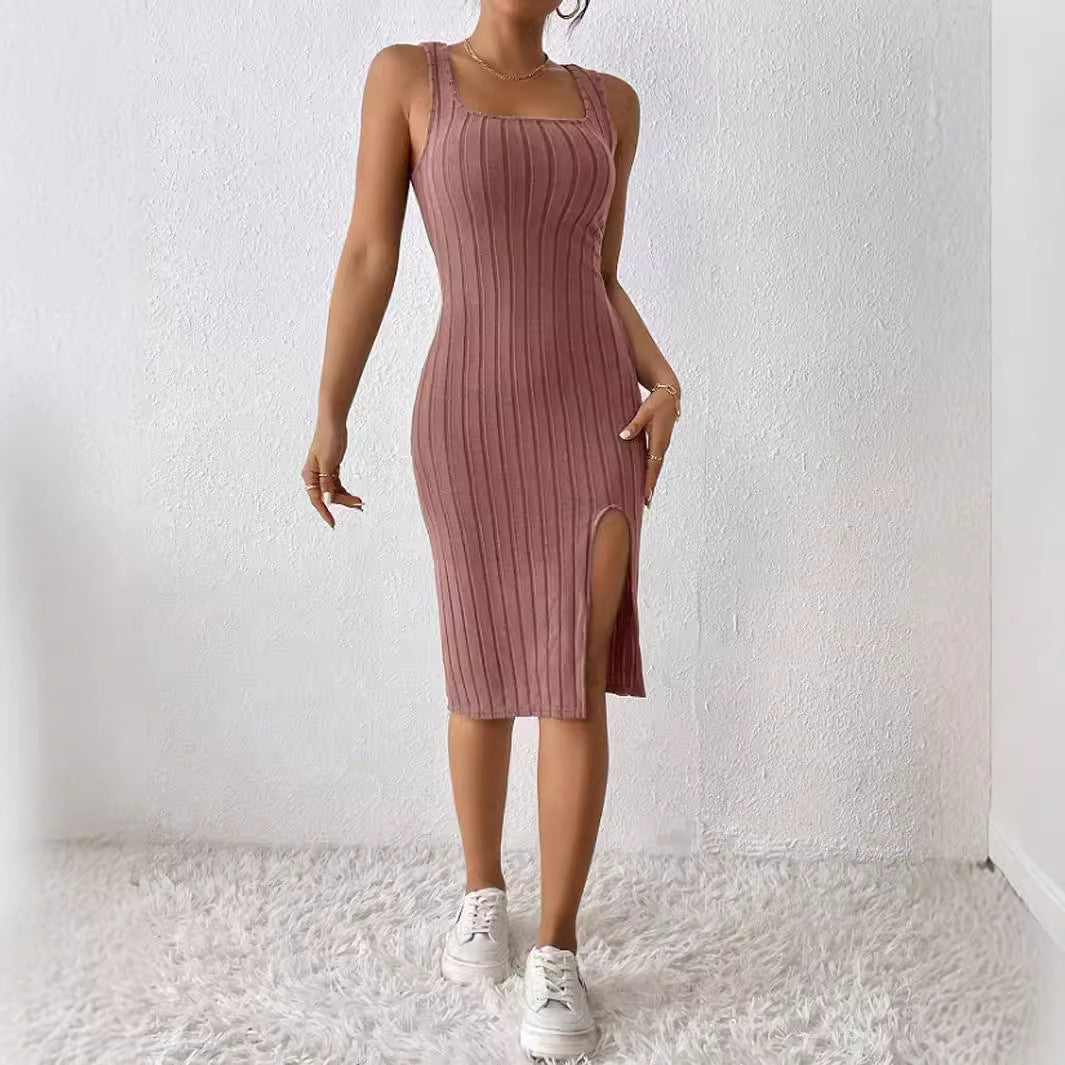 Robe moulante à côtes pour femmes avec fente latérale et décolleté carré Chic und Stil