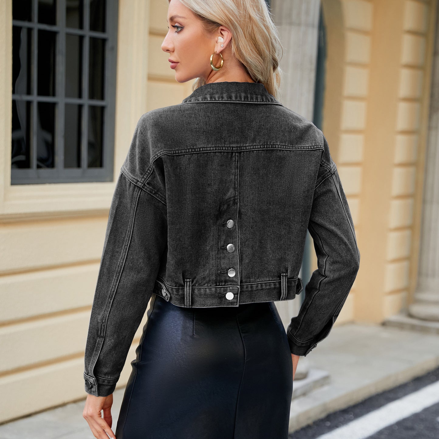 Women's cropped denim jacket with modern chic and style accents
