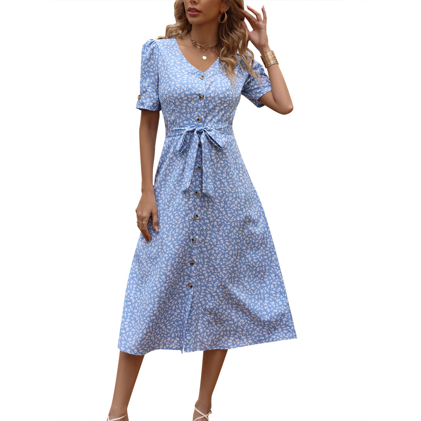 Robe maxi pour femmes avec imprimé floral et ceinture réglable à la taille Chic und Stil