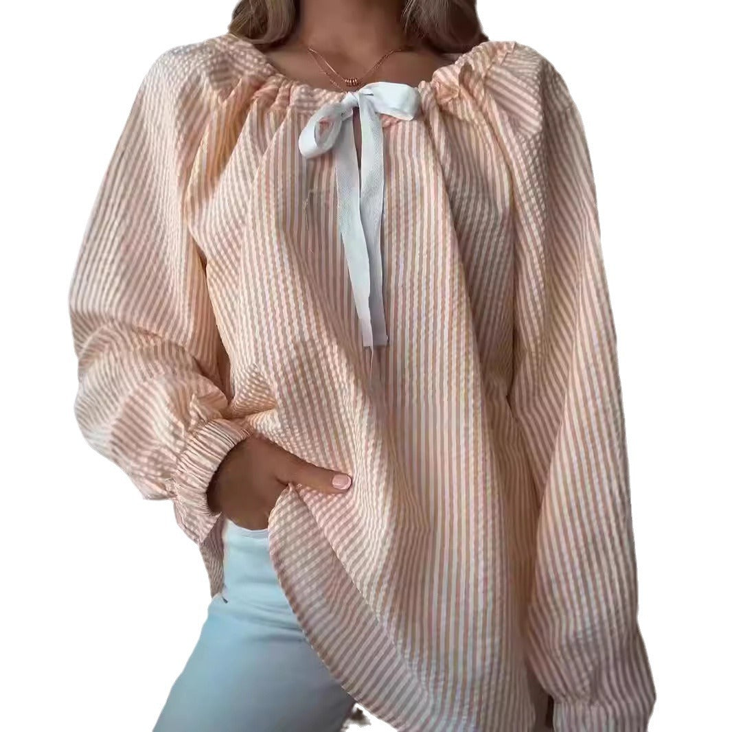 Blouse dames avec décolleté élastique et lien en nœud Chic und Stil