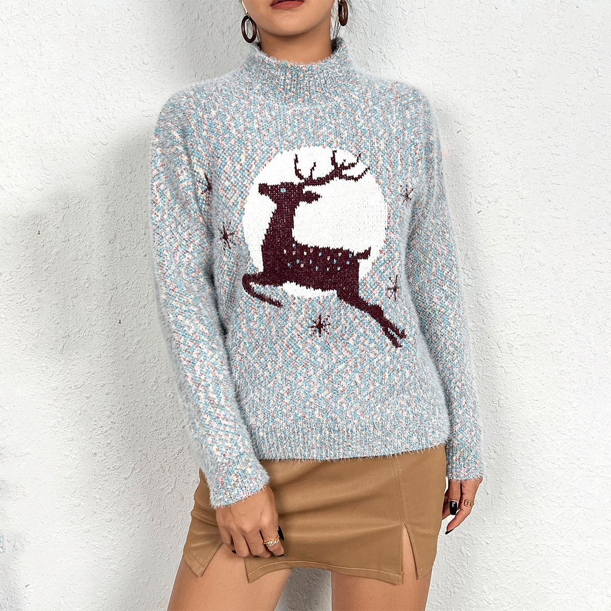 Pull en tricot pour femmes avec motif de renne festif et col montant Chic und Stil
