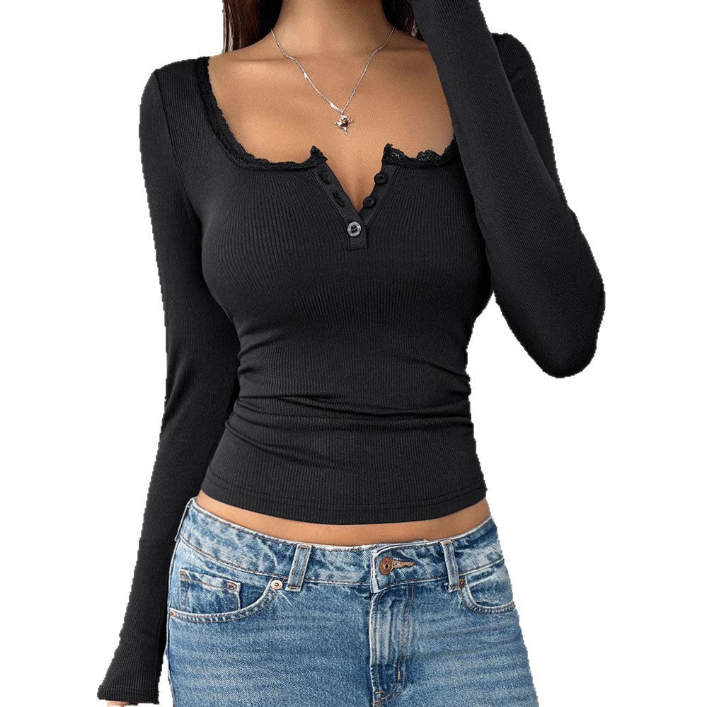 T-shirt à manches longues pour femmes avec des accents en dentelle et une patte de boutons Chic und Stil