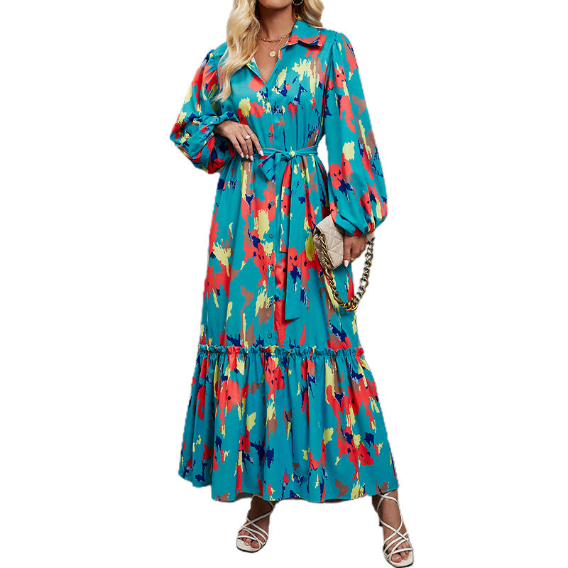 Damen elegantes Maxikleid mit hochgeschlossenem Kragen und farbenfrohem Muster Chic und Stil