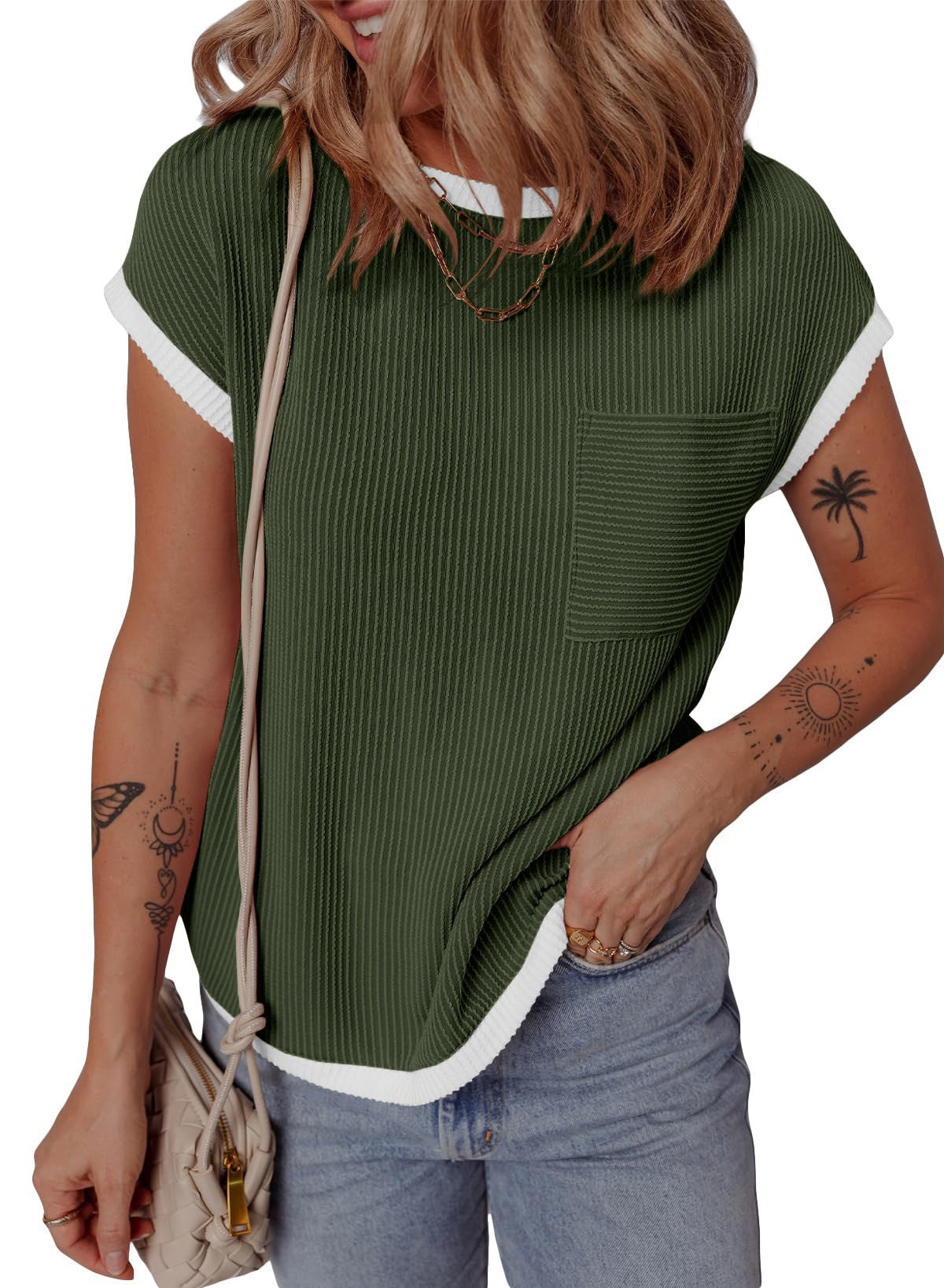 T-shirt en waffle décontracté et respirant pour dames avec poche Chic und Stil