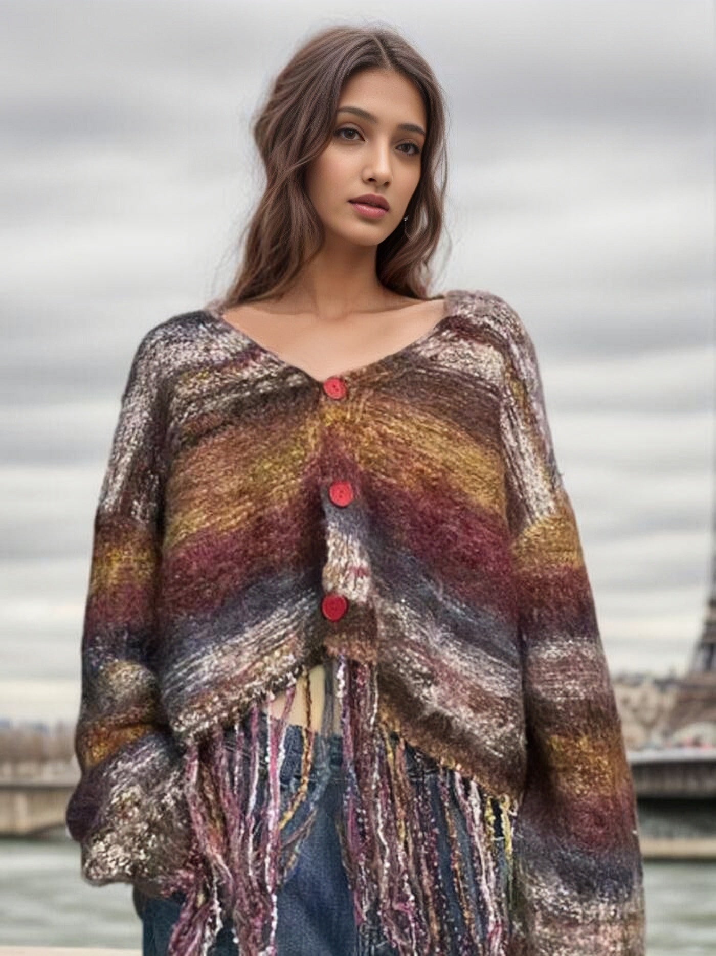 Dames Fransen Cardigan avec décolleté en V Chic und Stil