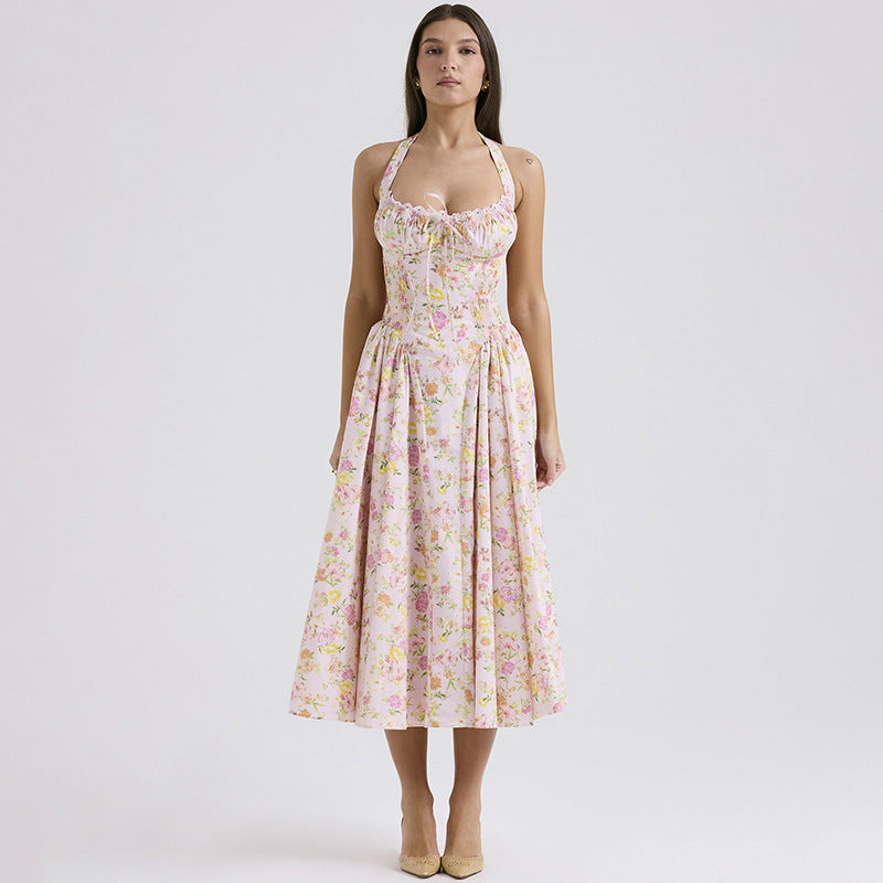Robe midi à col halter floral vintage pour femmes Chic und Stil