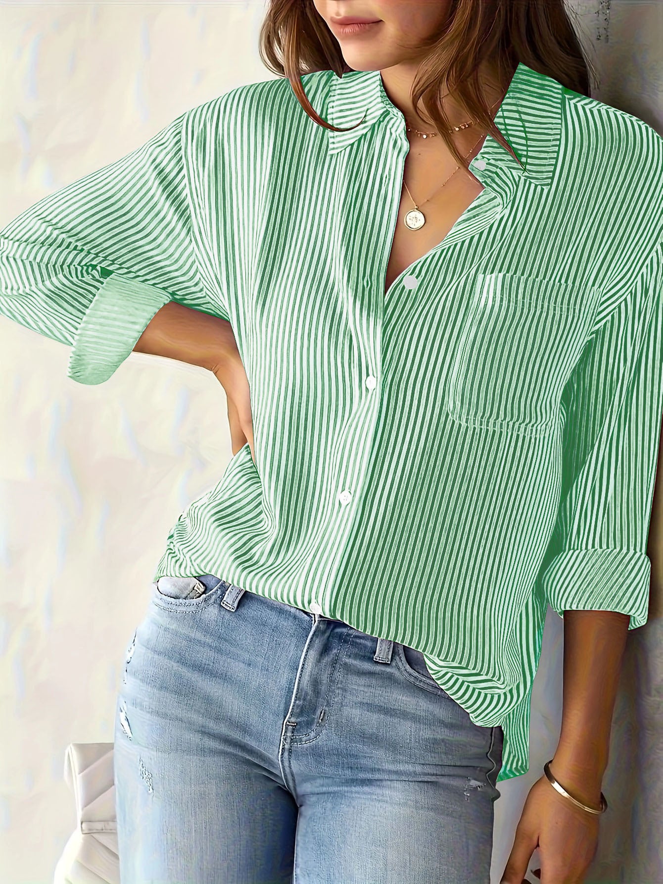 Blouse à manches longues pour femme avec de fines rayures et poche poitrine Chic und Stil