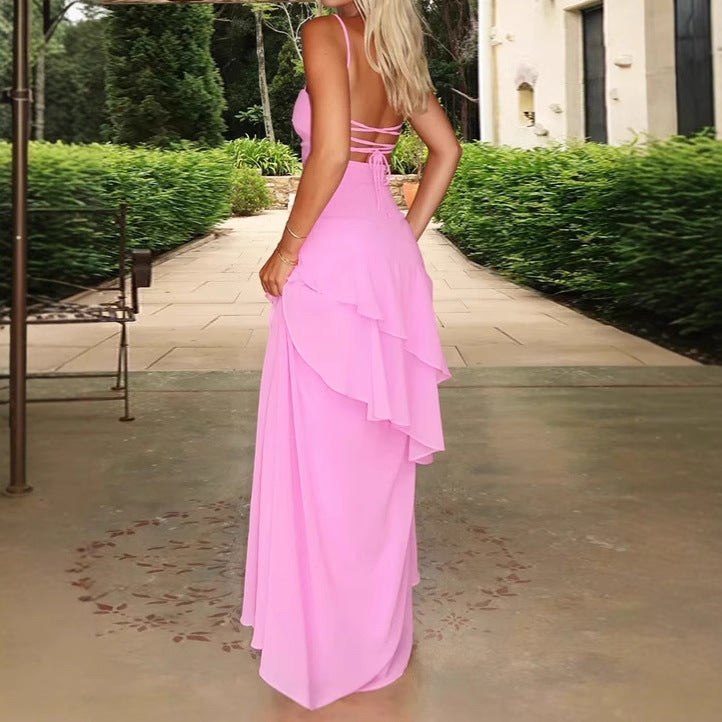 Robes maxi élégantes pour femmes avec ourlet à volants asymétrique et bretelles spaghetti Chic und Stil