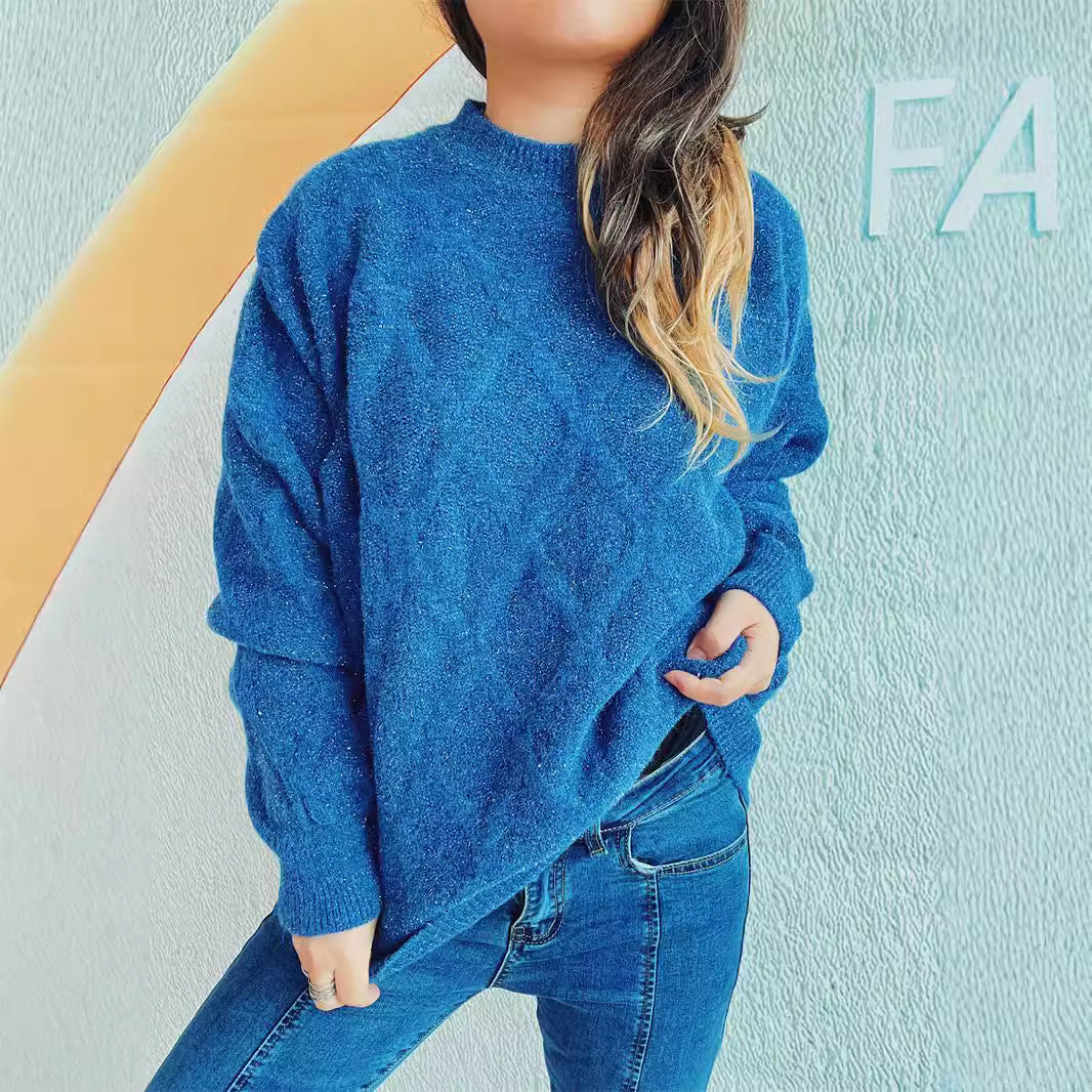 Pull en grosse maille pour dames avec un élégant motif en losange et des manches volumineuses Chic und Stil
