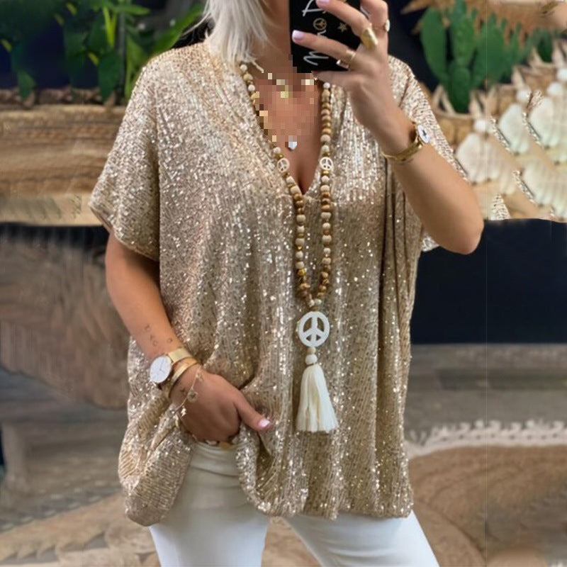 T-Shirt tunique paillettes glamour pour femmes avec décolleté en V Chic und Stil