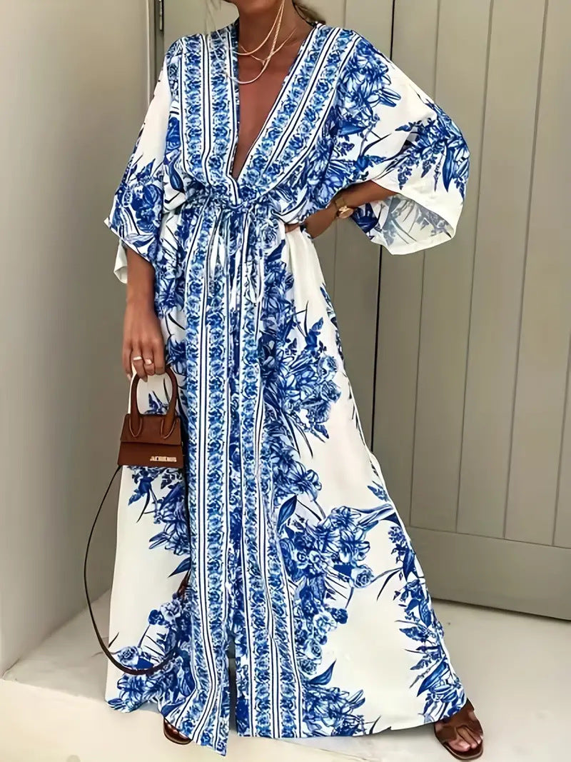Robe maxi bohème pour femmes avec décolleté en V élégant et ceinture cintrée Chic und Stil