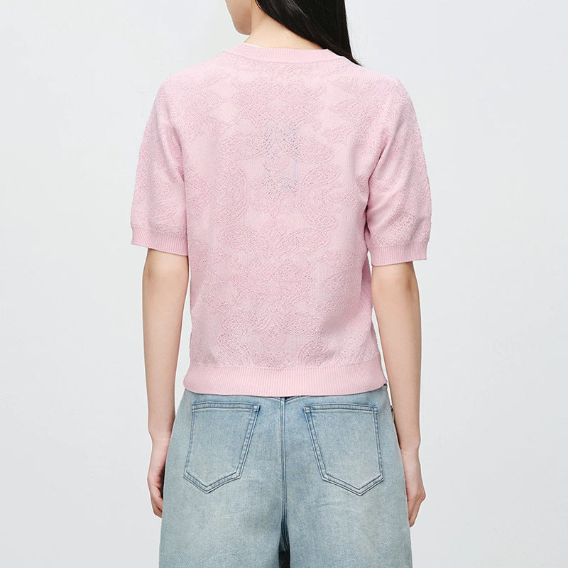 Cardigan court à manches courtes texturé pour femmes avec boutons en perles Chic und Stil