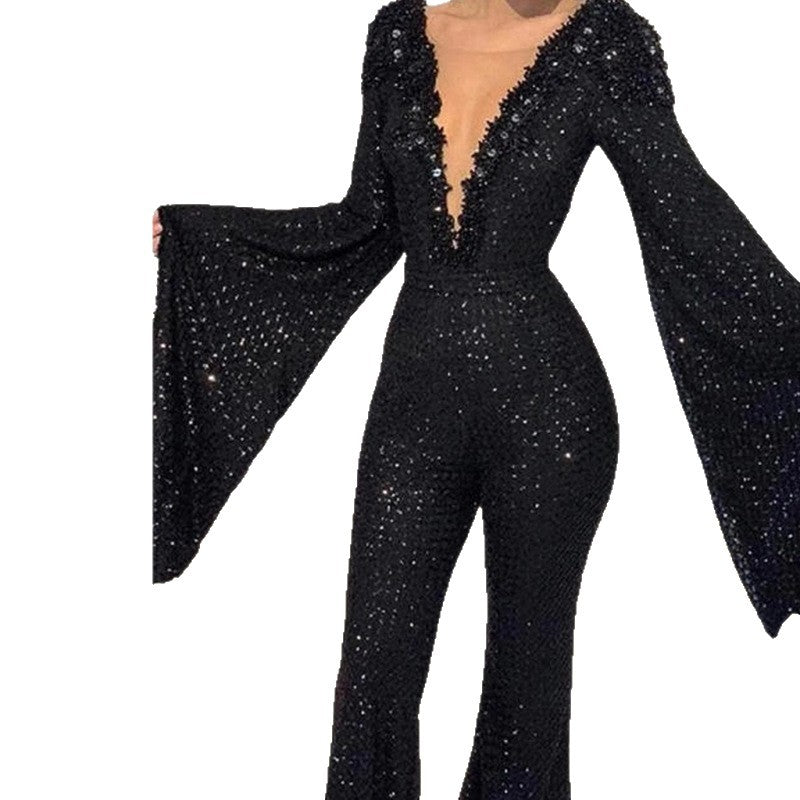 Dames combinaison glamour avec paillettes scintillantes et manches larges Chic und Stil