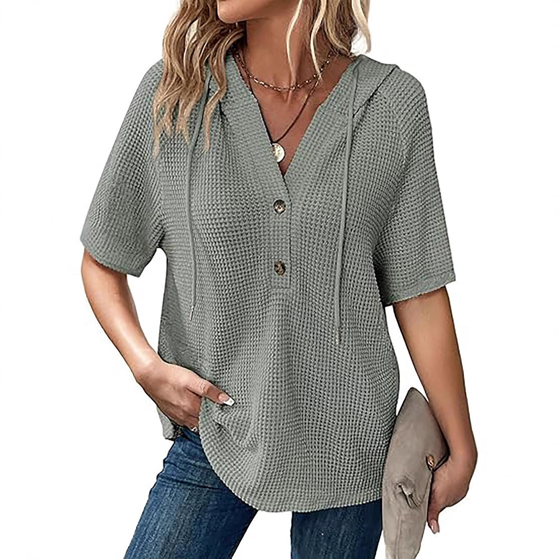 Women's short-sleeved waffle-knit blouse with hood and button placket Chic und Stil