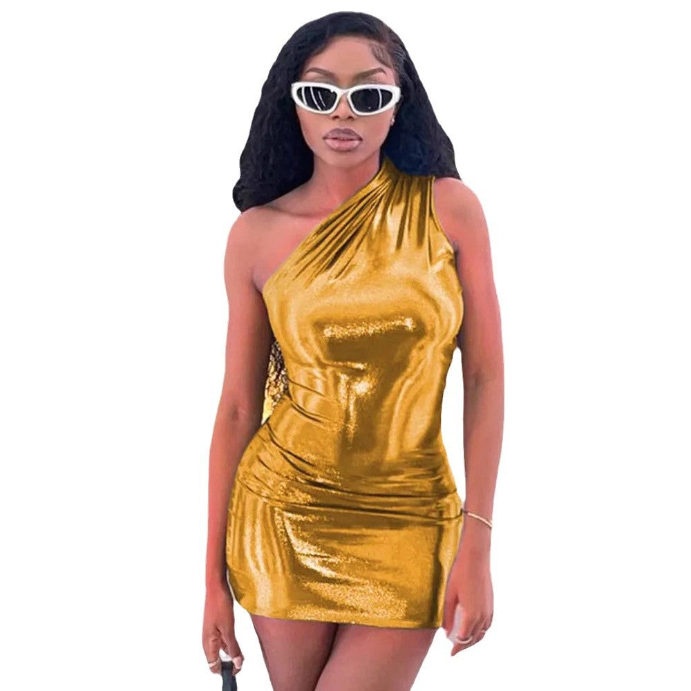 Chic and Stylish Women's Metallic Asymmetric Shift Dress