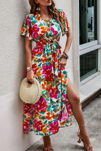 Robe maxi à motifs floraux à nouer Chic und Stil pour femmes