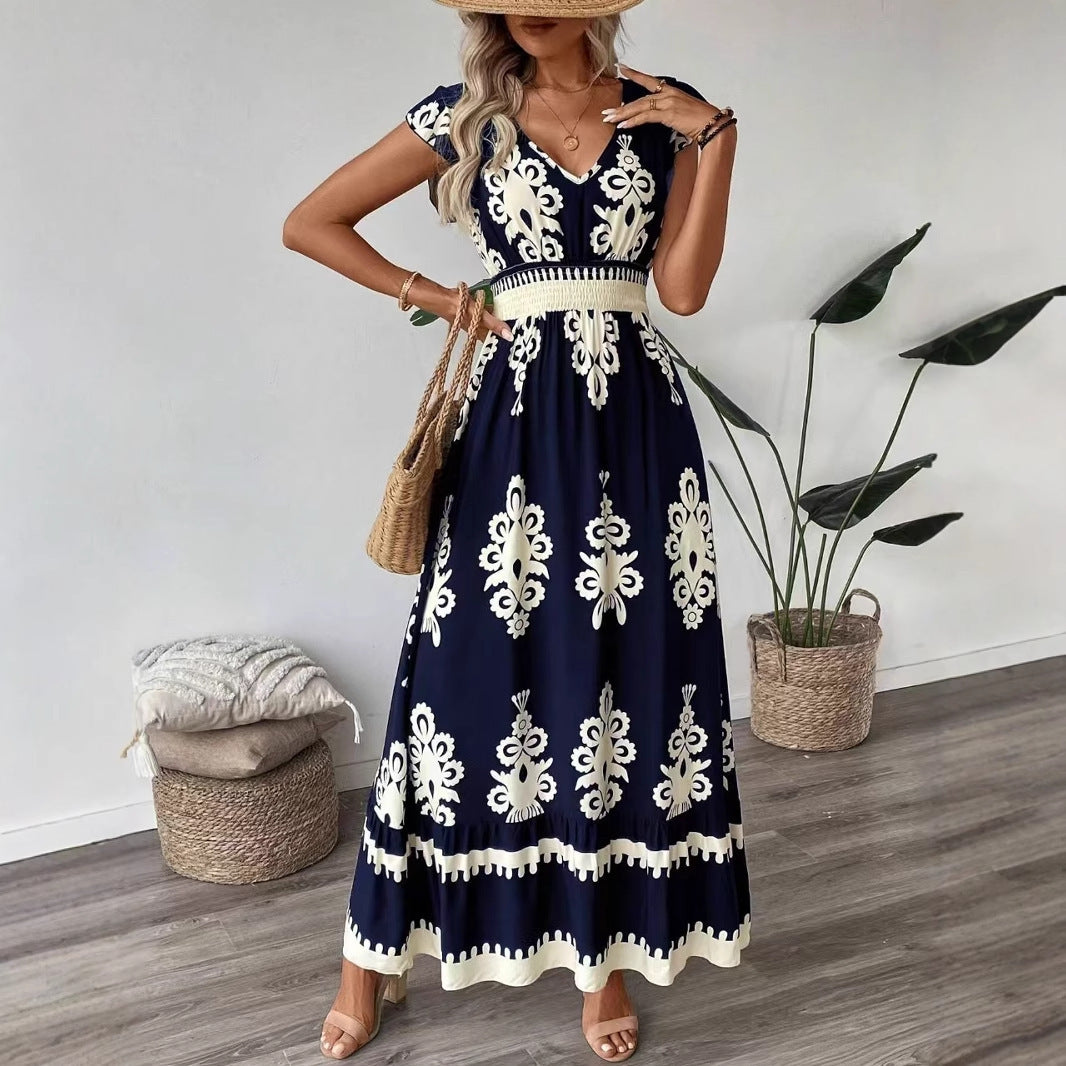 Robe maxi florale bohémienne pour femme à manches courtes Chic und Stil