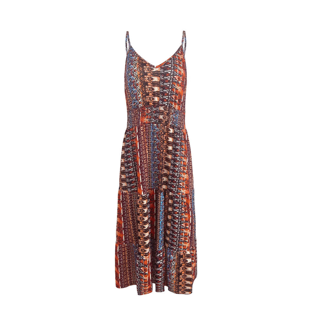 Robe Midi Imprimée Bohème pour Femmes avec Bretelles Spaghetti Réglables Chic und Stil