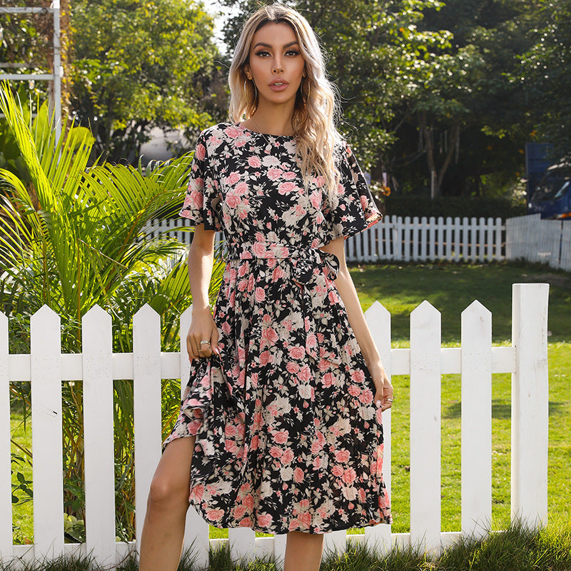 Robe midi portefeuille florale pour femmes avec manches cloche Chic und Stil
