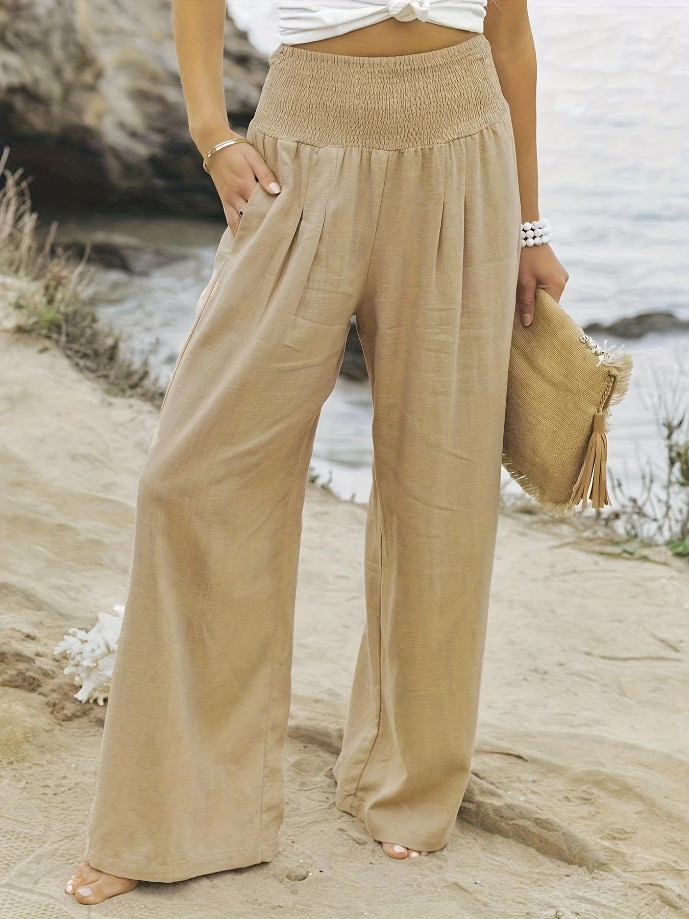 Pantalon d'été ample pour femmes avec taille élastique et élégant drapé Chic und Stil