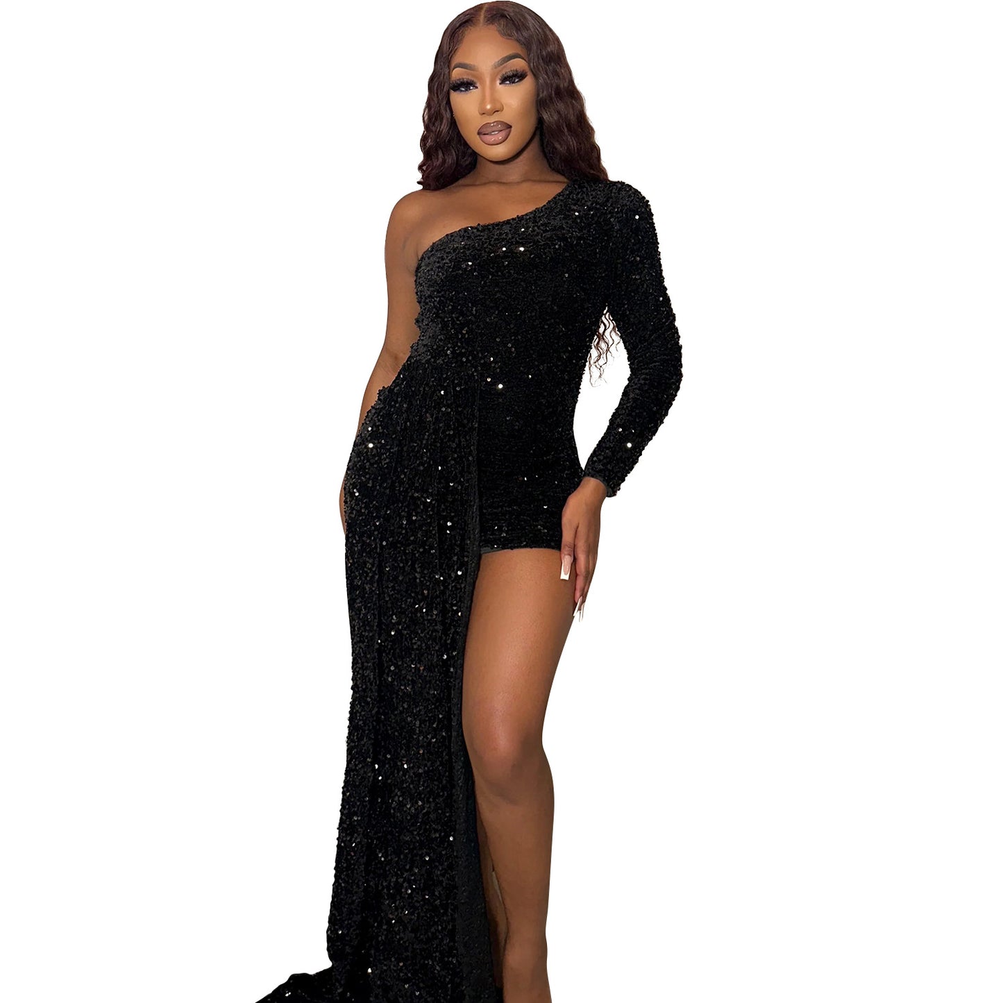 Robe de soirée élégante à paillettes à une épaule pour femmes Chic und Stil