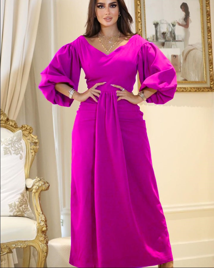 Dames Élégante Robe Maxi avec des Manches Volumineuses et un Drapé Cintré Chic und Stil
