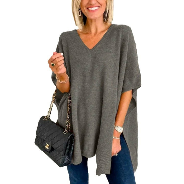 Pull V pour femmes en tricot fin avec des manches larges et un style décontracté Chic und Stil